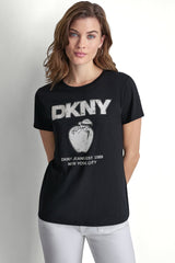 DKNY BIG APPLE RHINESTONE LOGO TEE - Black/Eggnog - 1