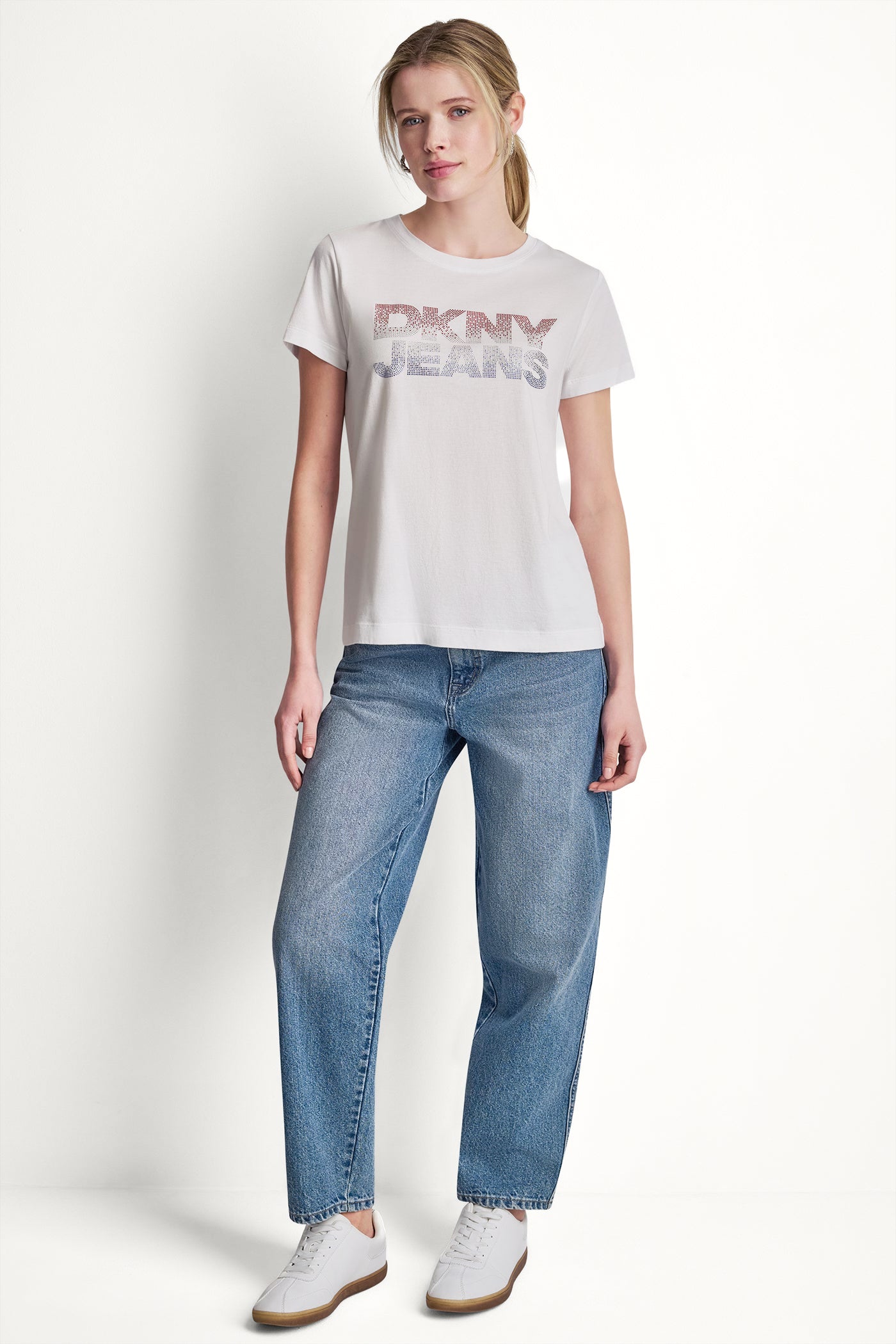 DKNY JEANS STACKED RHINESTONE LOGO TEE - White/Red Blue - 6