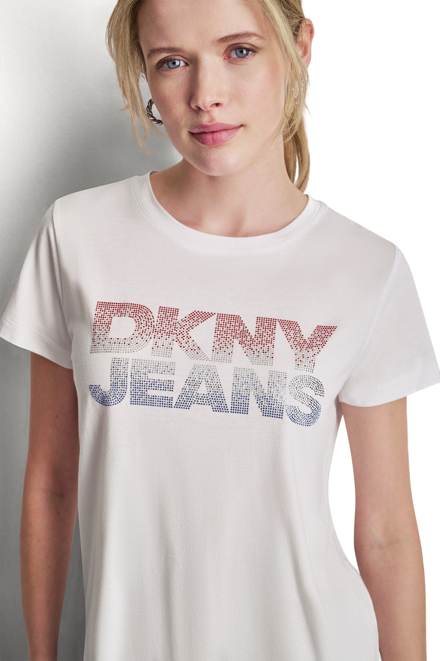 DKNY JEANS STACKED RHINESTONE LOGO TEE - White/Red Blue - 2