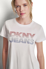 DKNY JEANS STACKED RHINESTONE LOGO TEE - White/Red Blue - 2