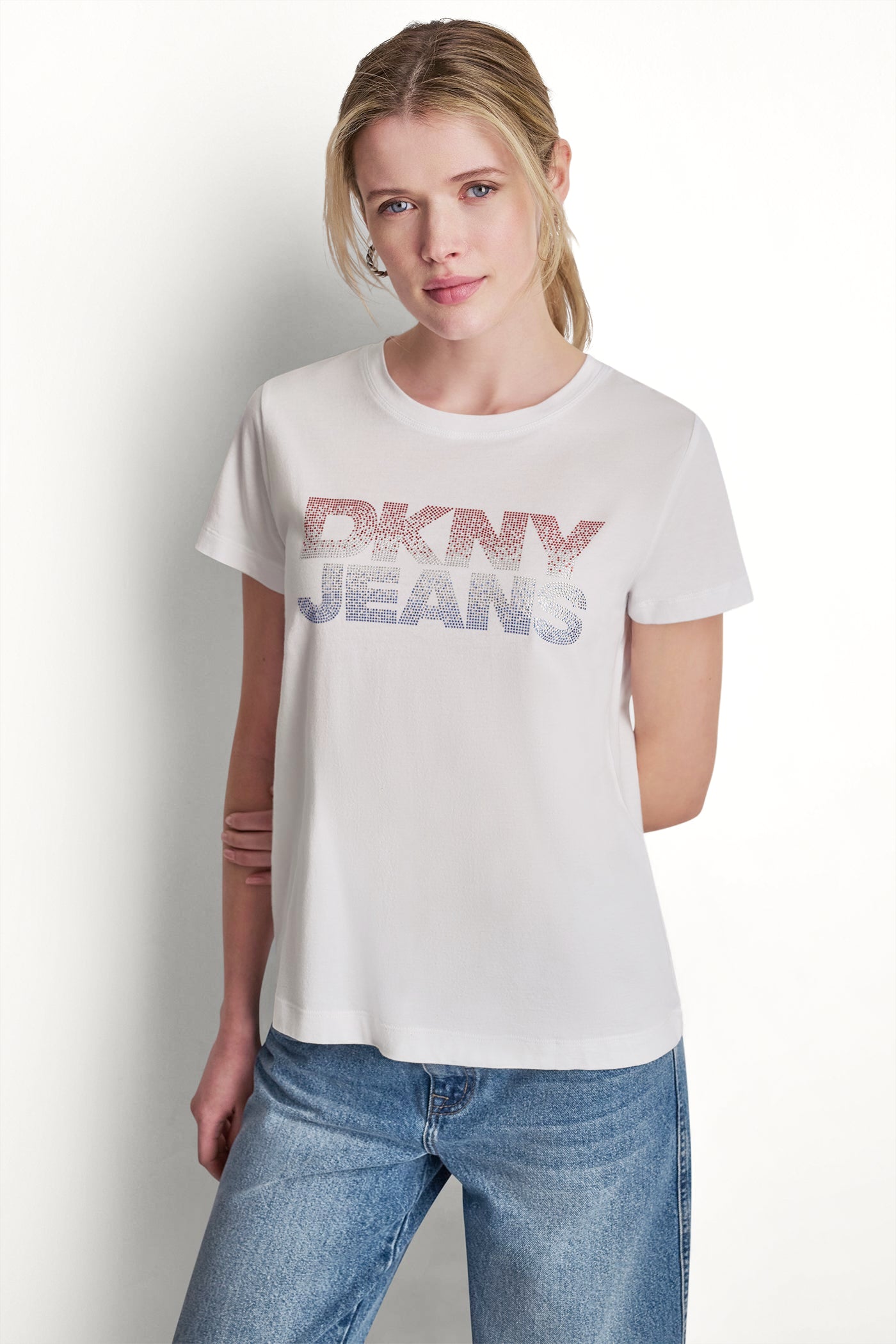 DKNY JEANS STACKED RHINESTONE LOGO TEE - White/Red Blue - 5