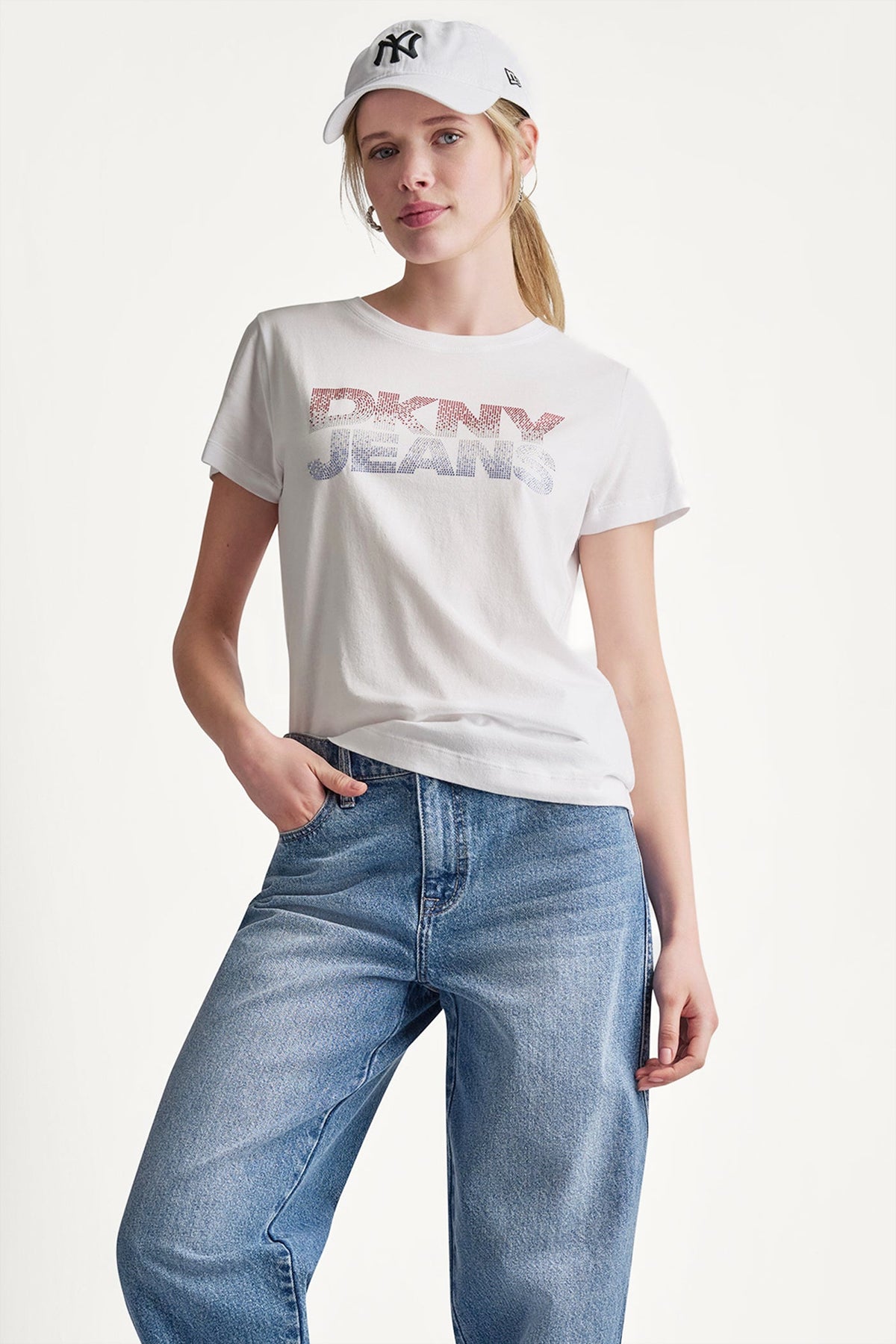 DKNY JEANS STACKED RHINESTONE LOGO TEE - White/Red Blue - 1