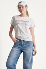DKNY JEANS STACKED RHINESTONE LOGO TEE - White/Red Blue - 1
