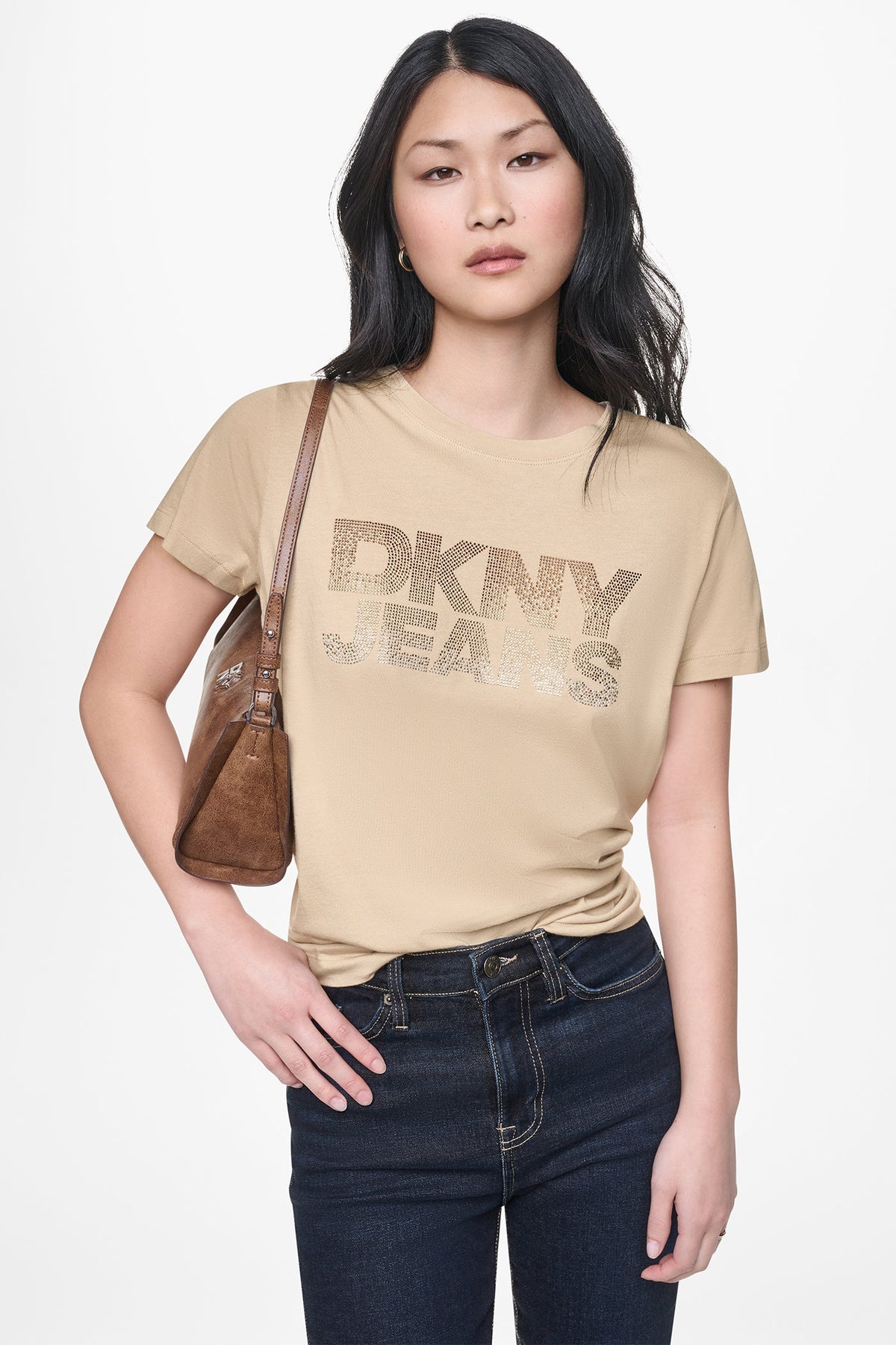 DKNY JEANS STACKED RHINESTONE LOGO TEE - Travertine/Brown Silver - 1