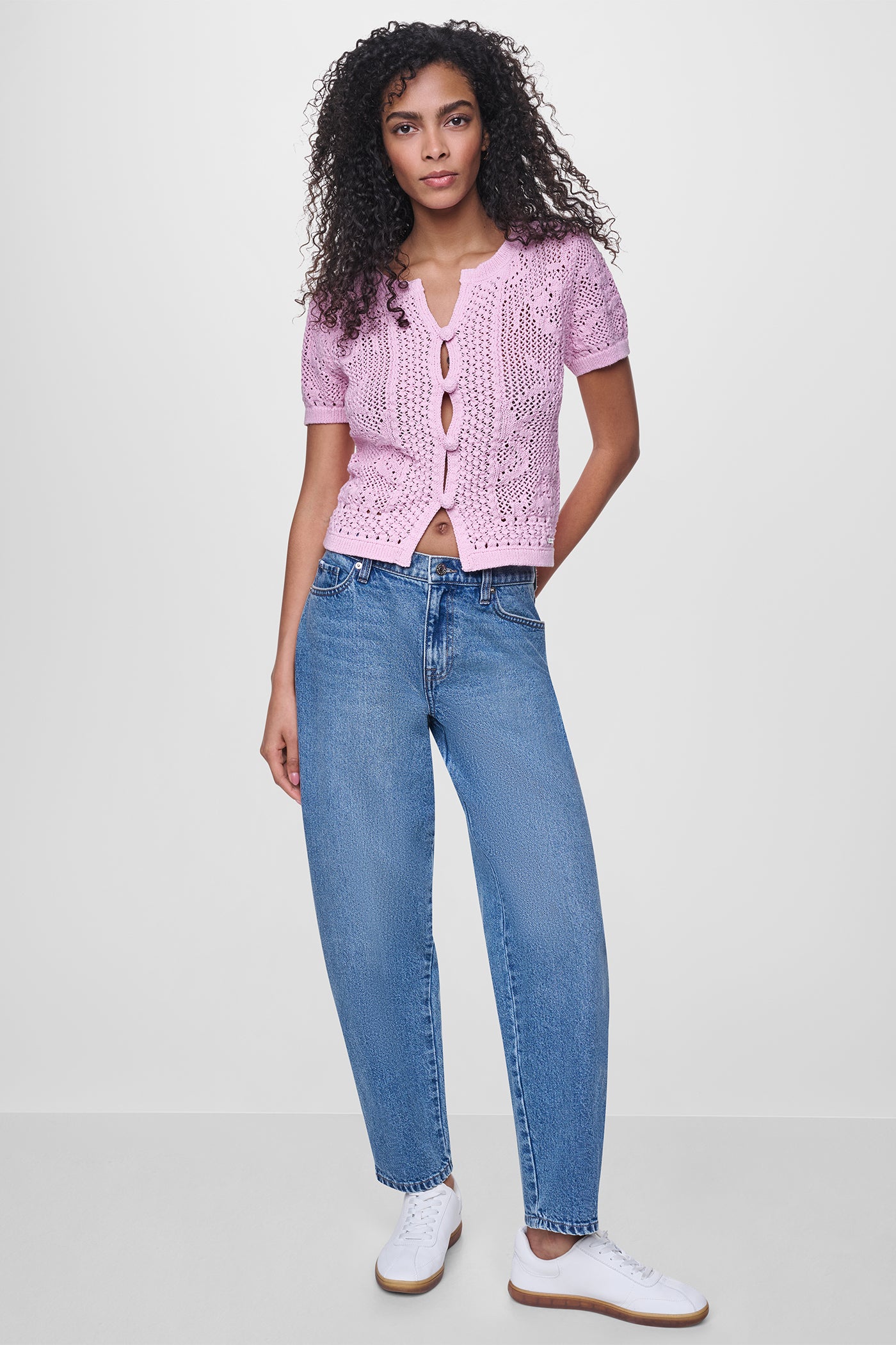 LACE STITCH BUTTON FRONT CARDIGAN - Pink Mist - 4