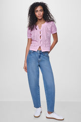 LACE STITCH BUTTON FRONT CARDIGAN - Pink Mist - 4