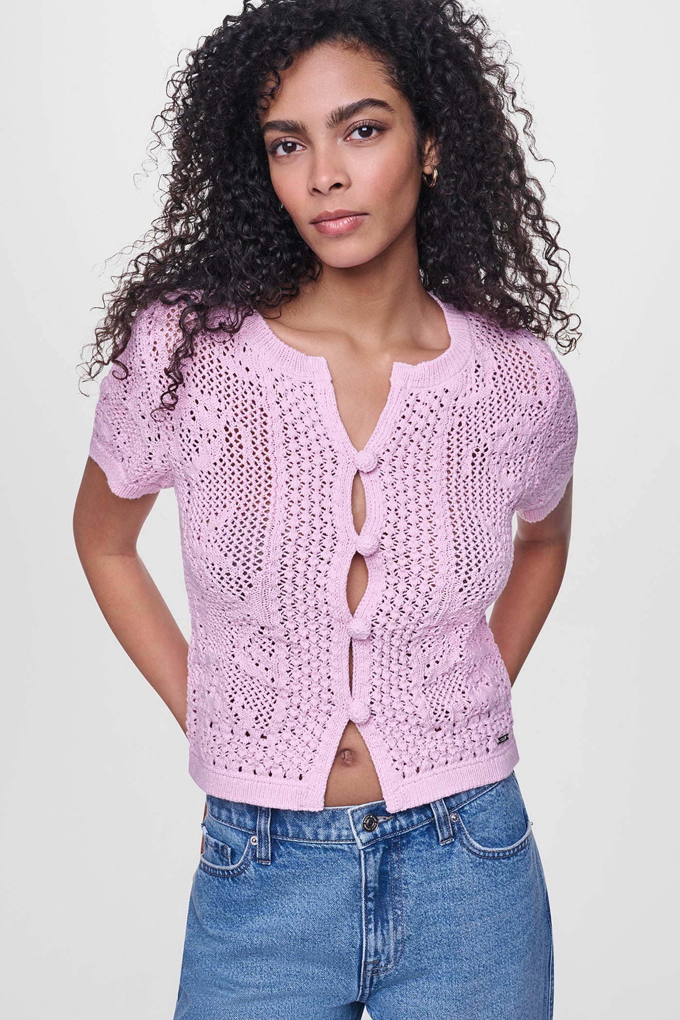 LACE STITCH BUTTON FRONT CARDIGAN - Pink Mist - 1
