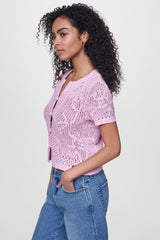 LACE STITCH BUTTON FRONT CARDIGAN - Pink Mist - 3