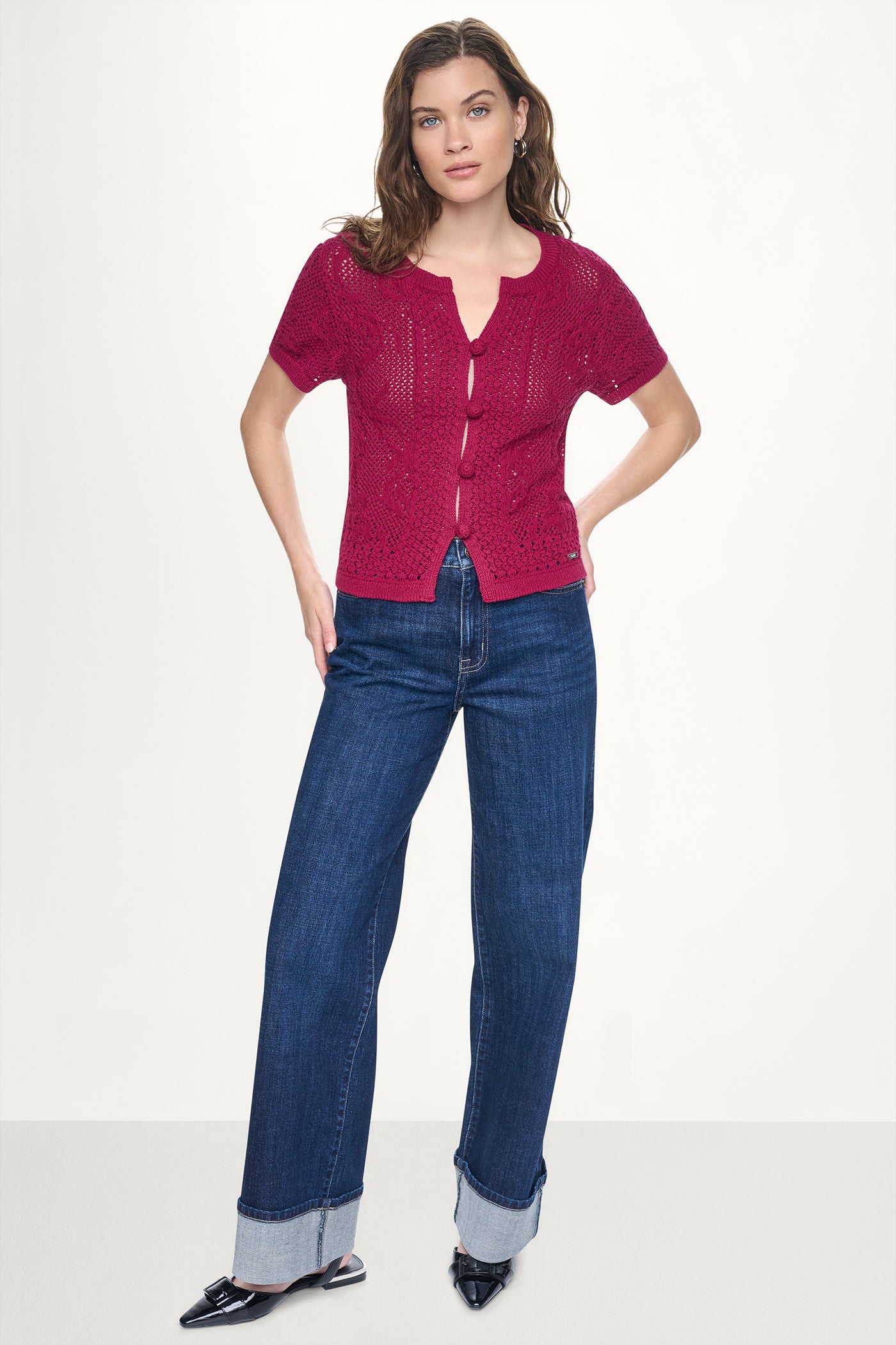 LACE STITCH BUTTON FRONT CARDIGAN - Beet - 8