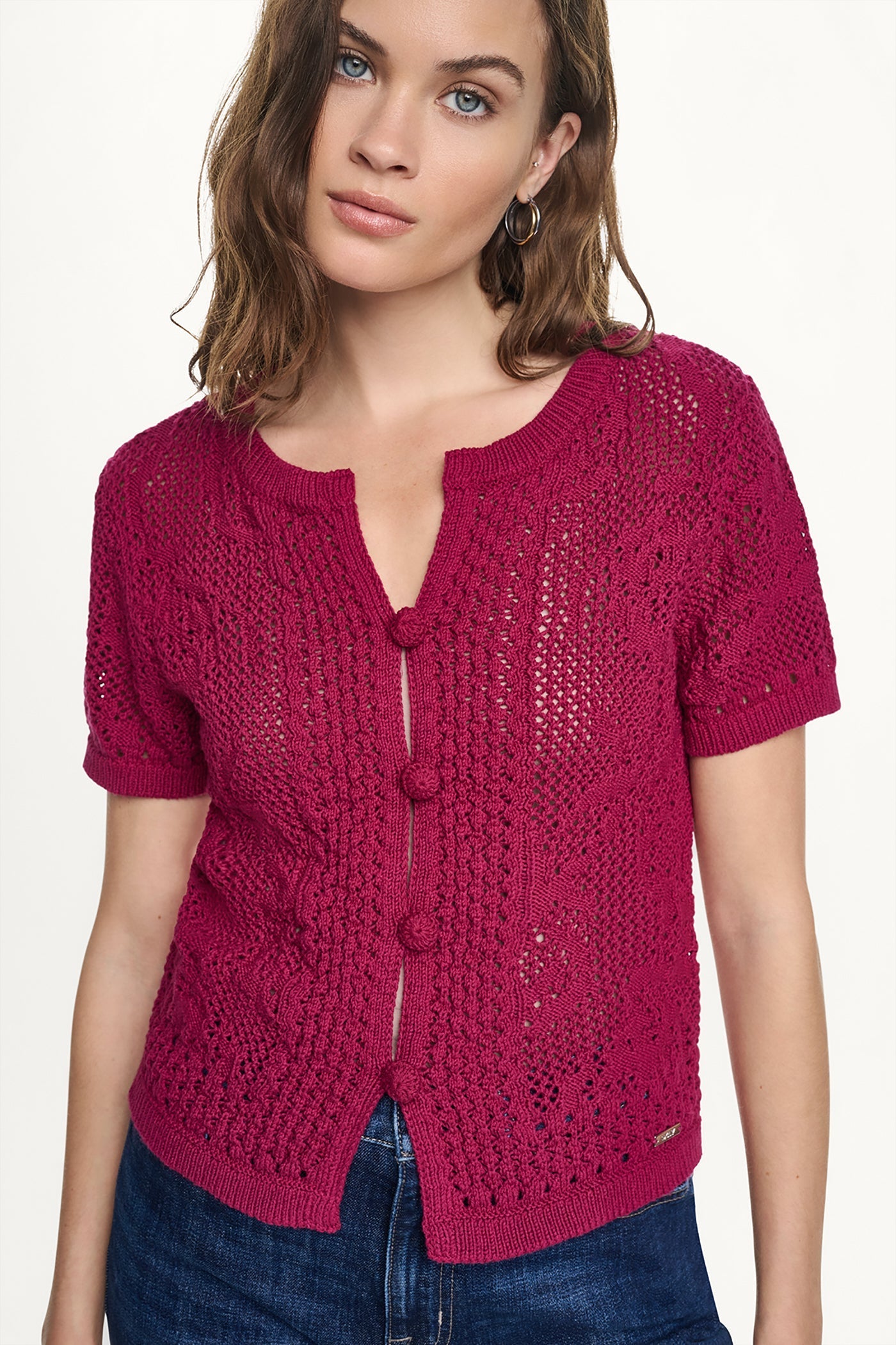 LACE STITCH BUTTON FRONT CARDIGAN - Beet - 2