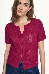LACE STITCH BUTTON FRONT CARDIGAN - Beet - 2