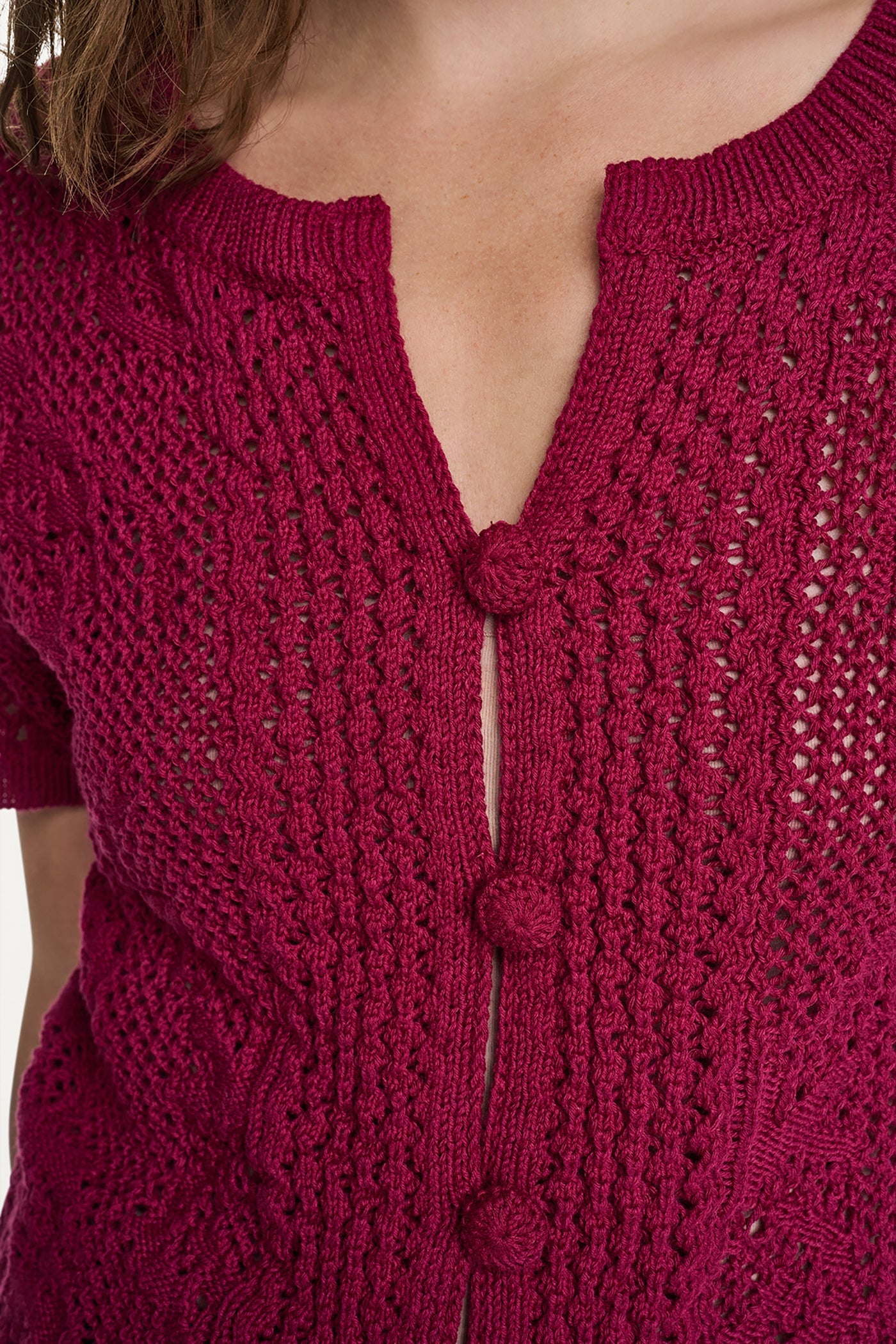 LACE STITCH BUTTON FRONT CARDIGAN - Beet - 7