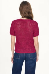 LACE STITCH BUTTON FRONT CARDIGAN - Beet - 3