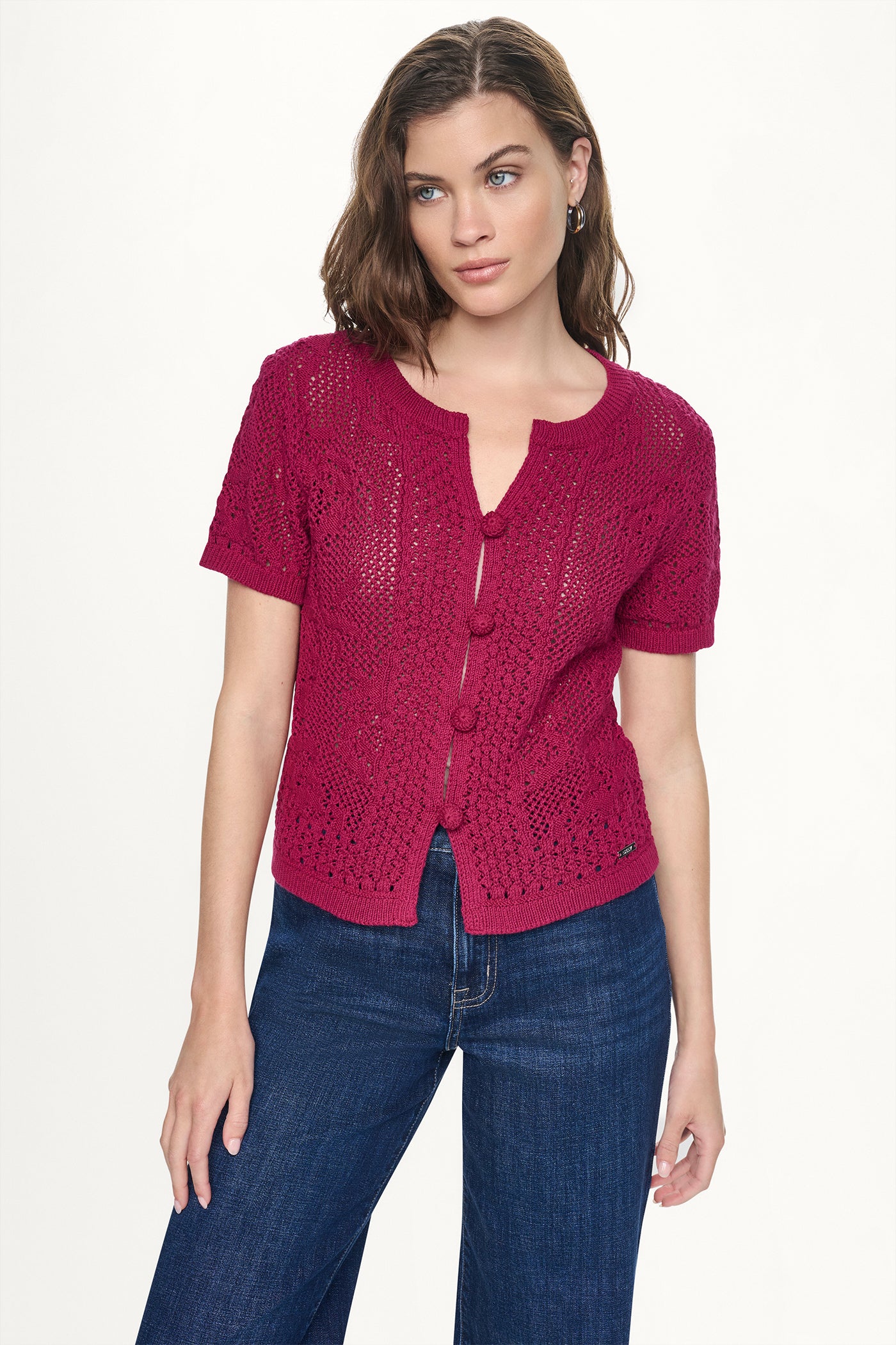 LACE STITCH BUTTON FRONT CARDIGAN - Beet - 5
