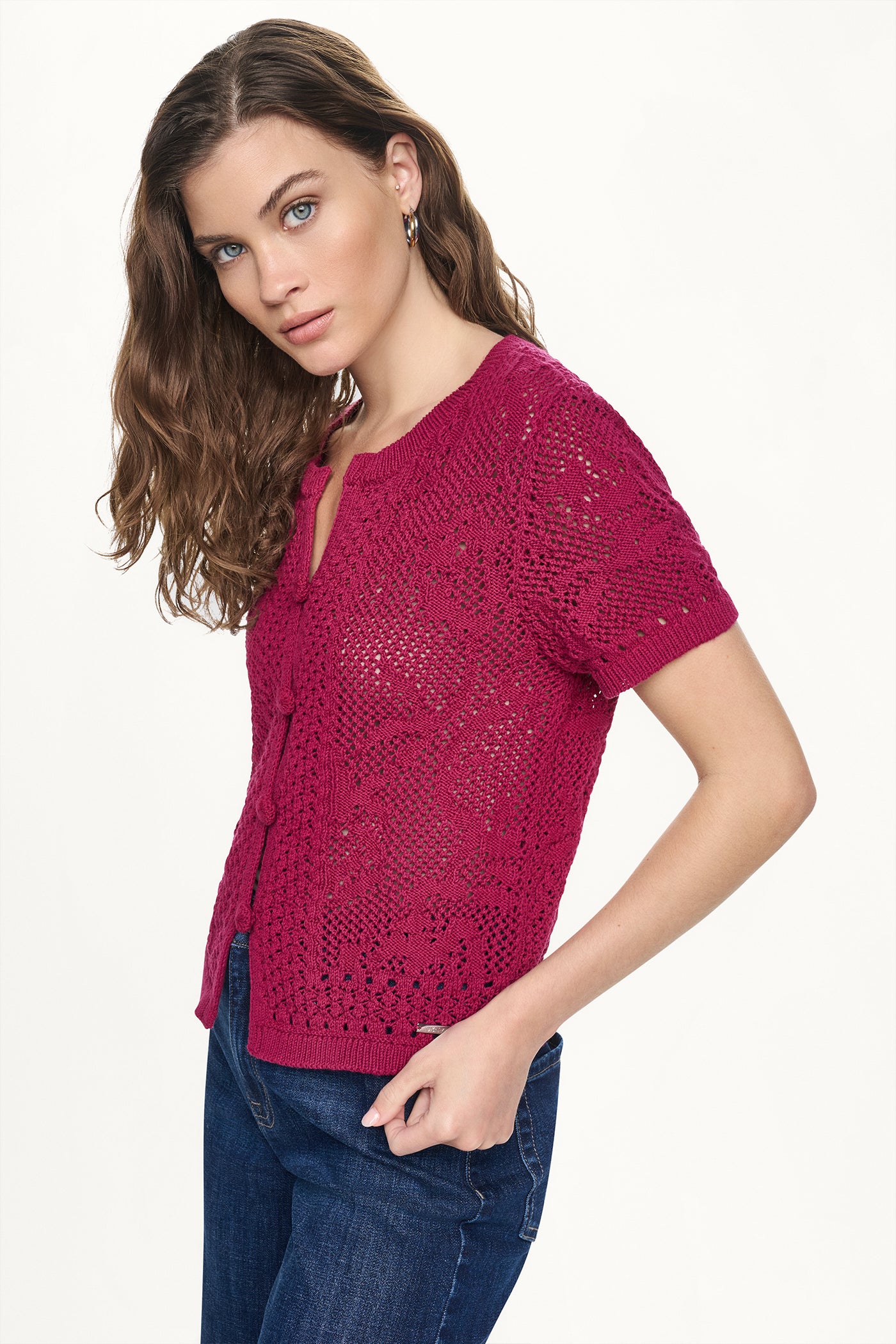LACE STITCH BUTTON FRONT CARDIGAN - Beet - 4