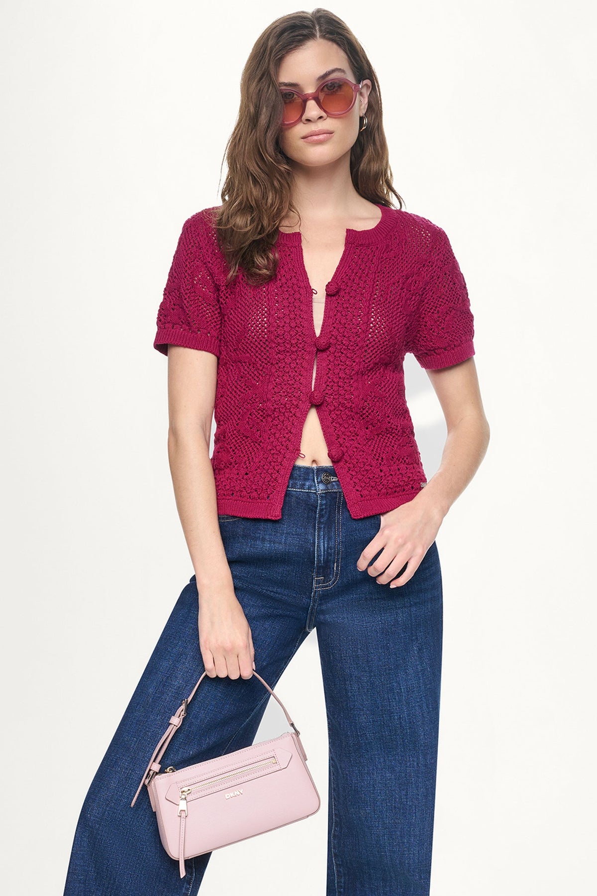 LACE STITCH BUTTON FRONT CARDIGAN - Beet - 1