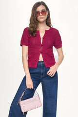 LACE STITCH BUTTON FRONT CARDIGAN - Beet - 1