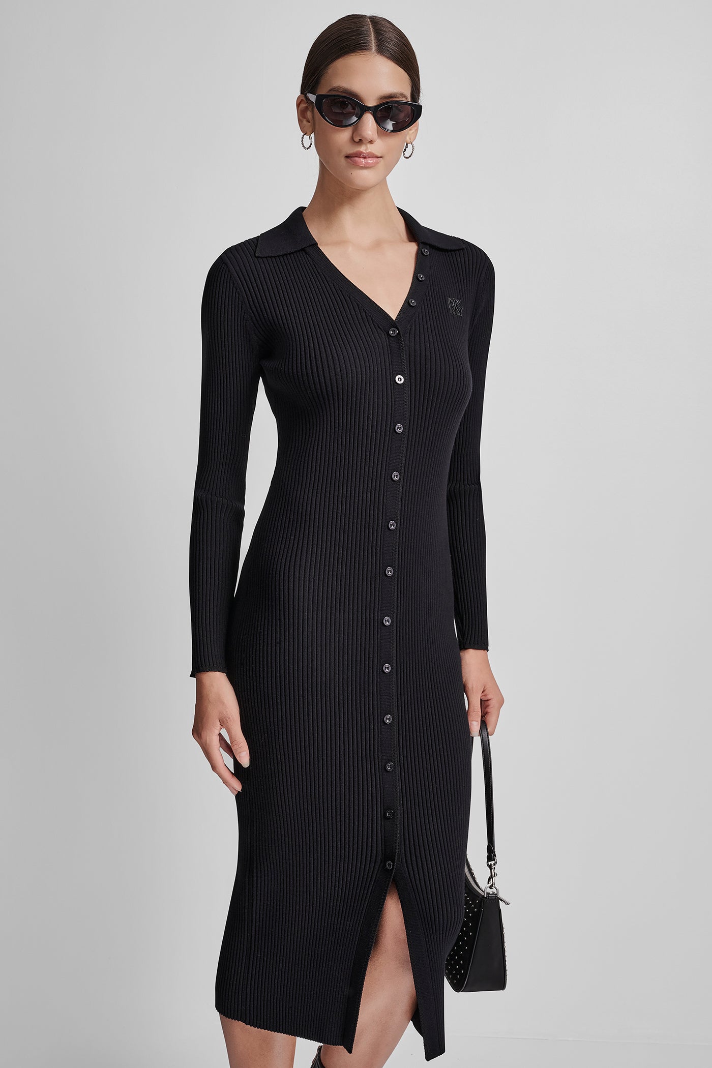 RIB-KNIT MIDI POLO DRESS - Black - 2