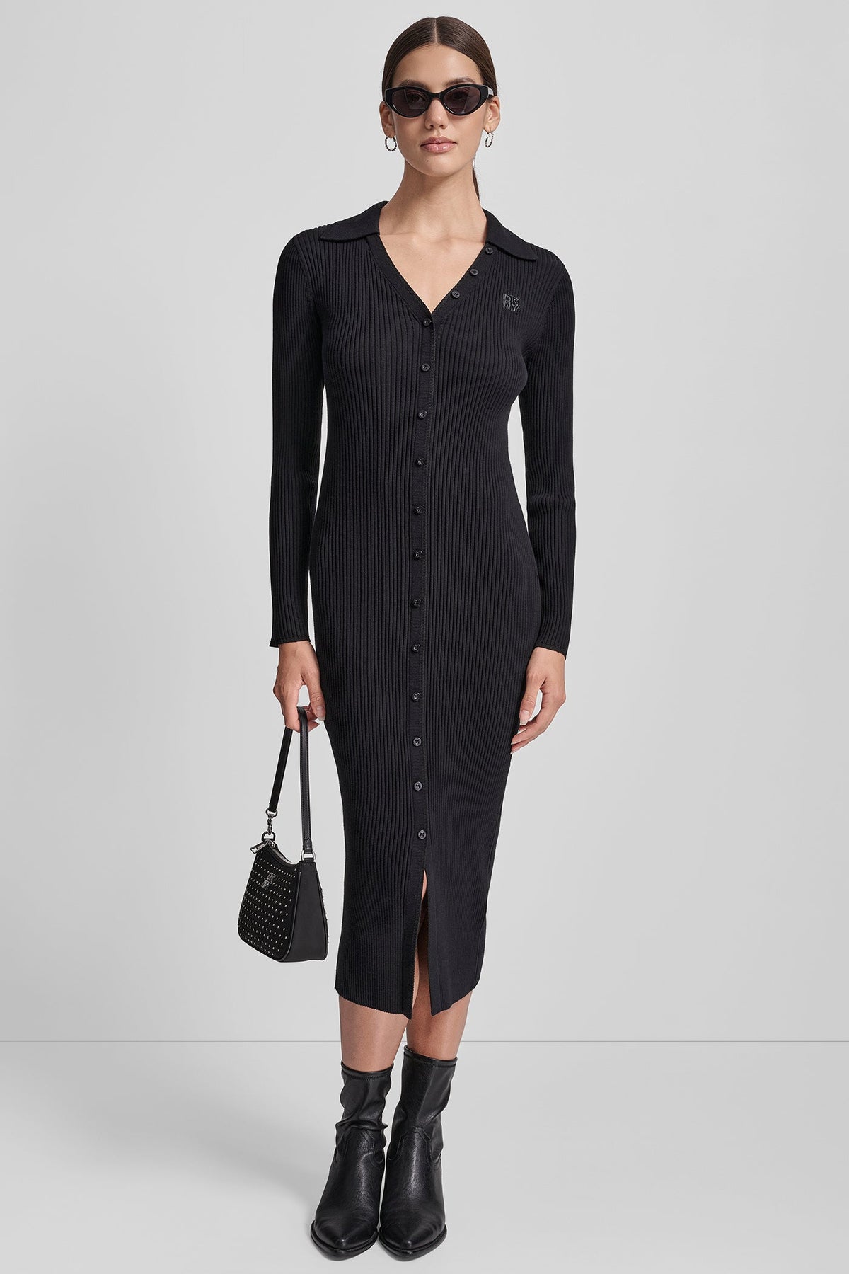 RIB-KNIT MIDI POLO DRESS - Black - 1