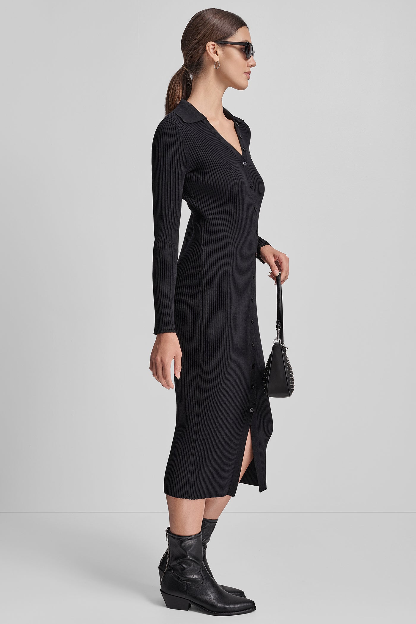 RIB-KNIT MIDI POLO DRESS - Black - 4