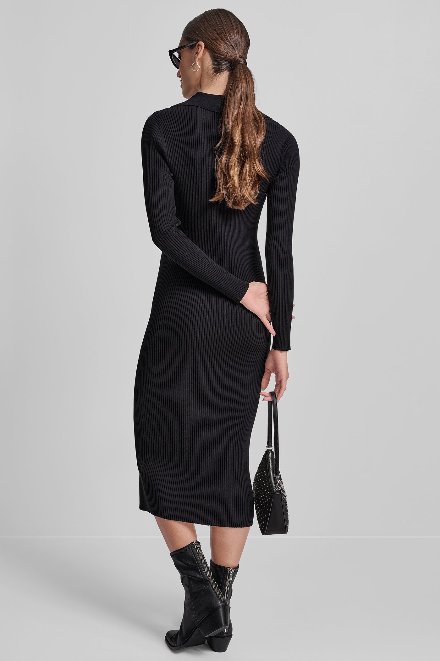 RIB-KNIT MIDI POLO DRESS - Black - 3