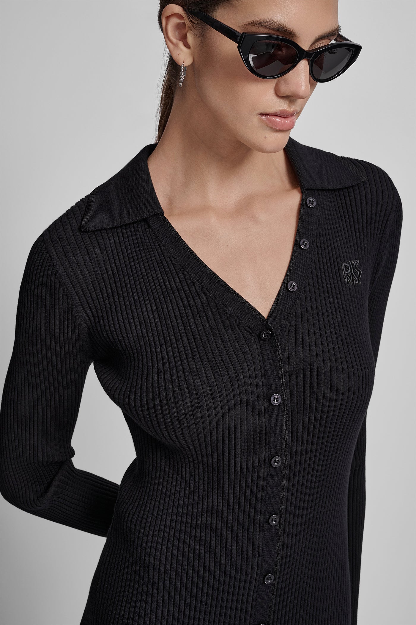 RIB-KNIT MIDI POLO DRESS - Black - 5