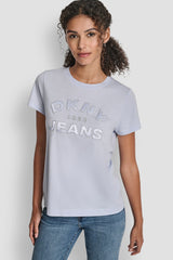 DKNY JEANS SATIN APPLIQUE CHAINSTITCH LOGO CREW NECK TEE - Frost Blue/Silver - 1