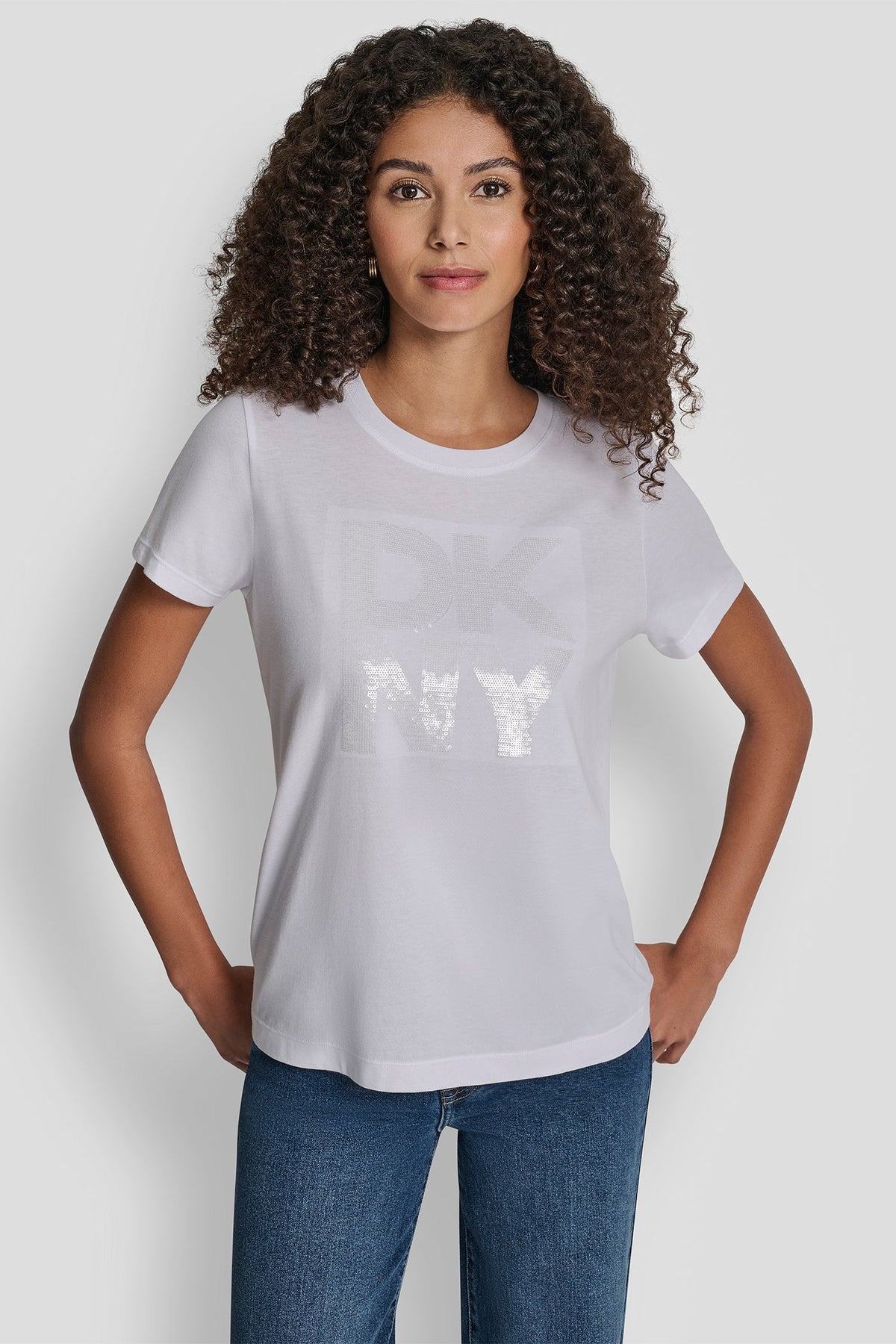 DKNY SEQUIN LOGO CREW NECK TEE - White - 1
