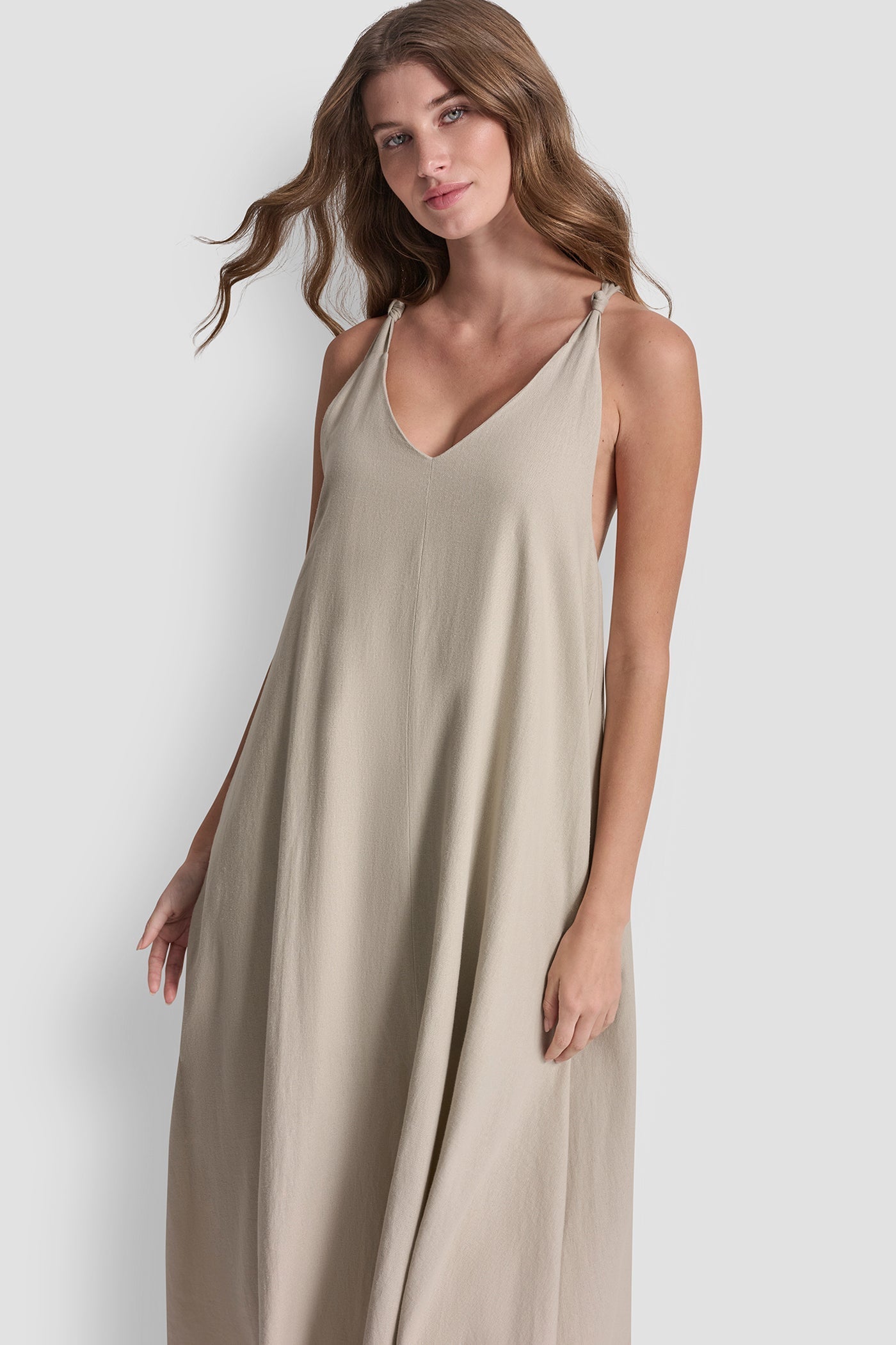 LINEN-BLEND TIE BACK MAXI DRESS - Pebble - 5