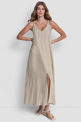 LINEN-BLEND TIE BACK MAXI DRESS - Pebble - 3