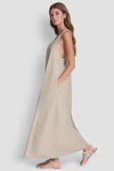 LINEN-BLEND TIE BACK MAXI DRESS - Pebble - 4