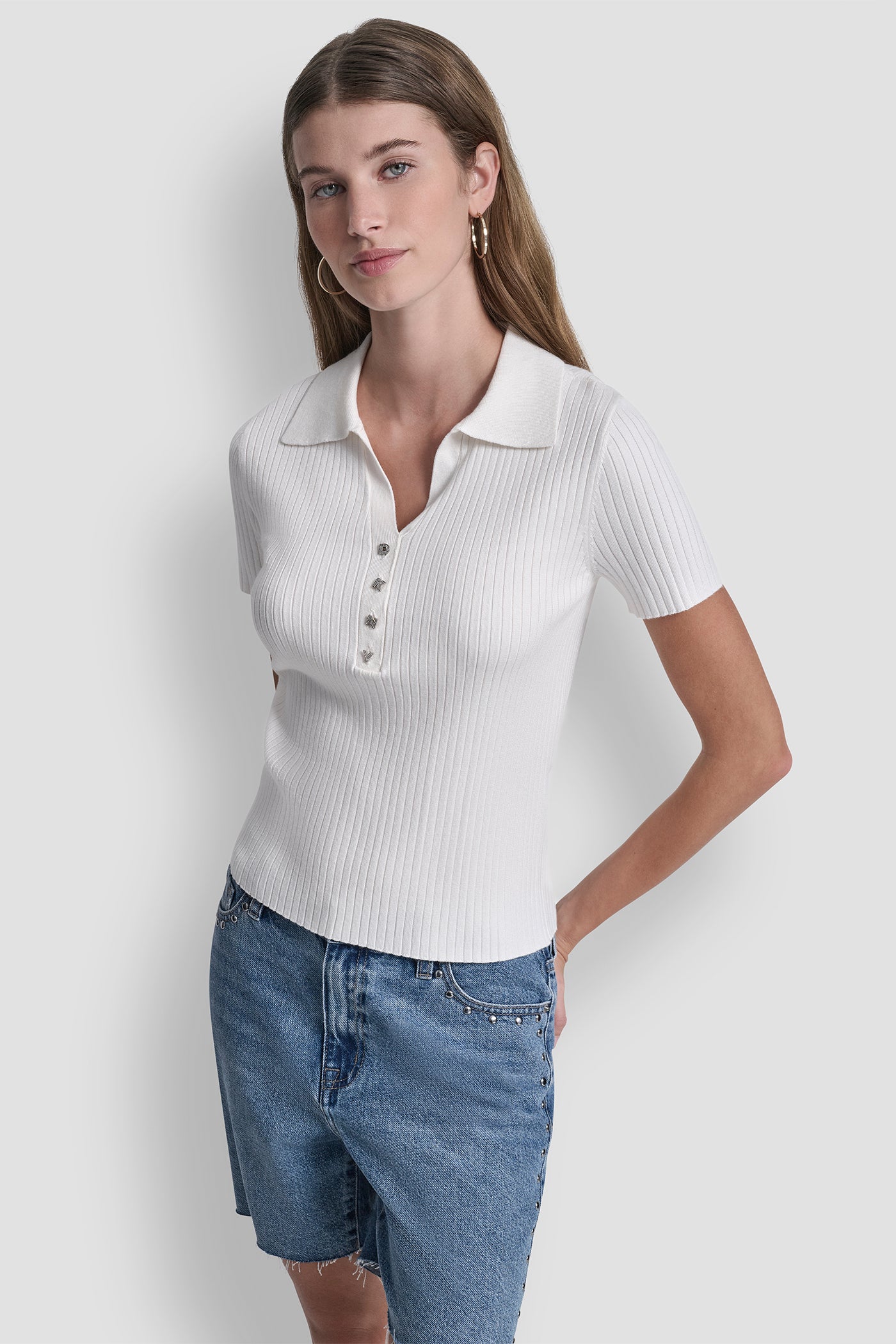RIBBED POLO WITH RHINESTONE BUTTONS - Ivory - 2