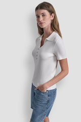 RIBBED POLO WITH RHINESTONE BUTTONS - Ivory - 3