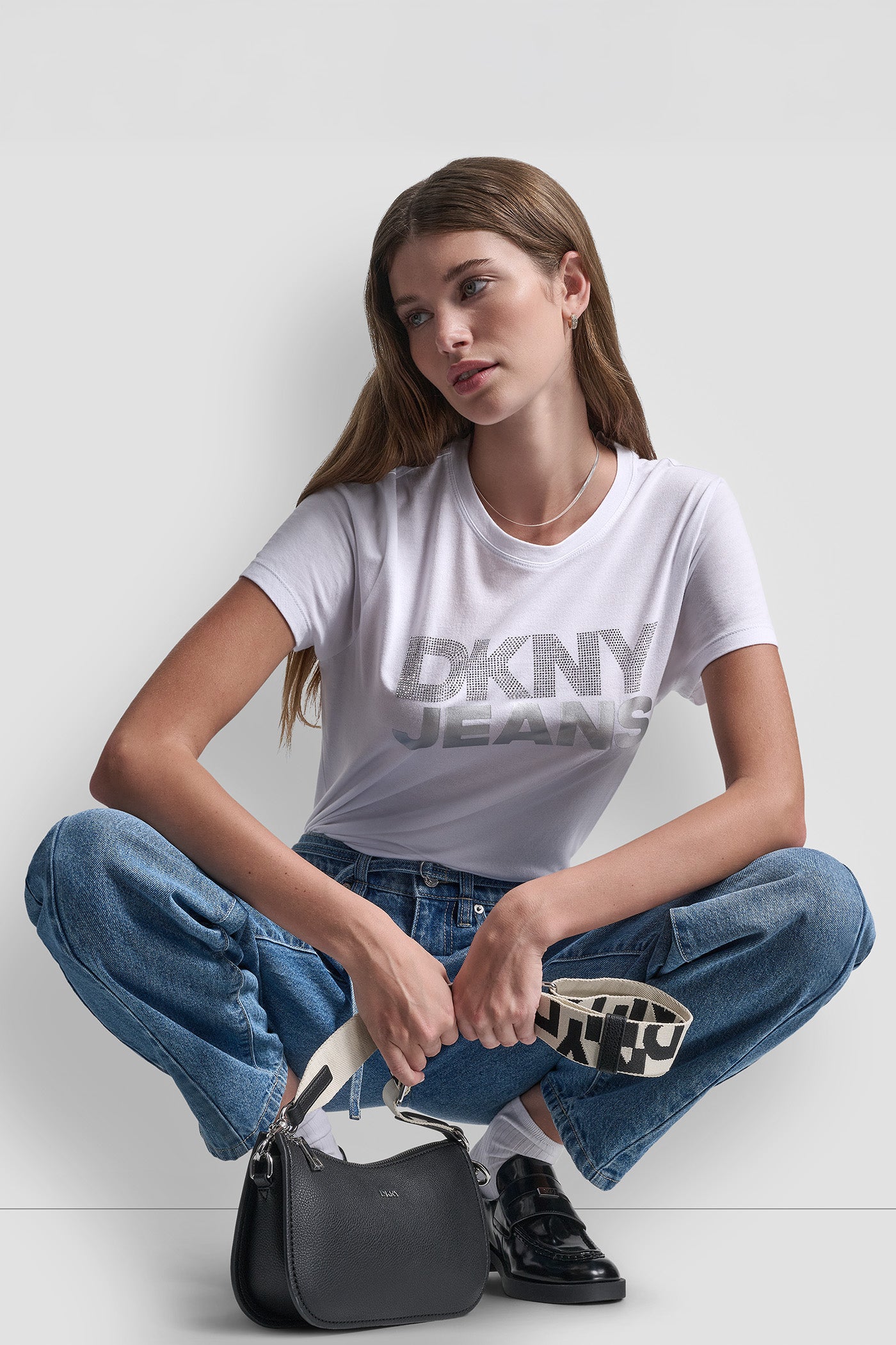 DKNY JEANS STACKED RHINESTONE TEE - White/Silver - 7
