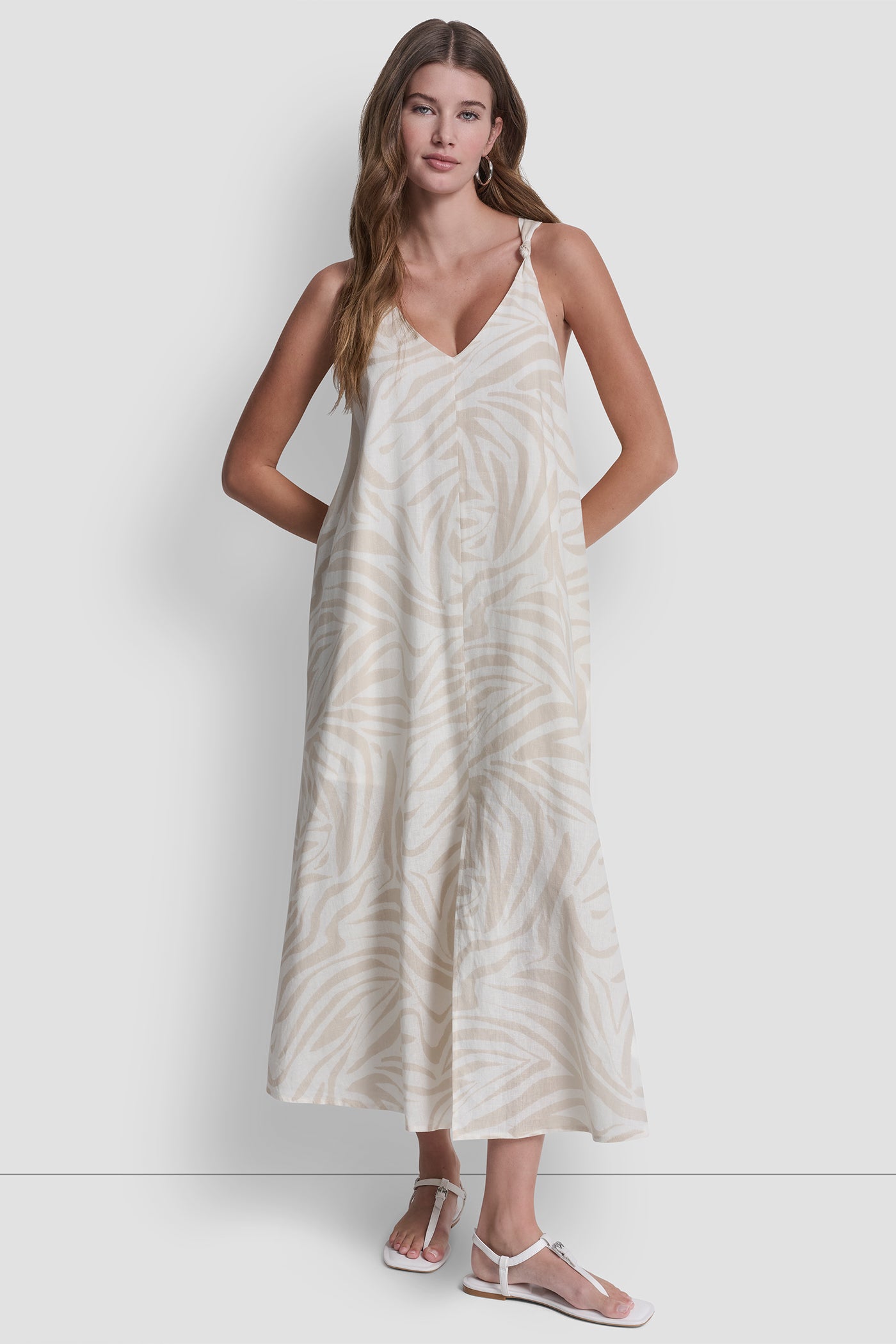 LINEN-BLEND TIE BACK MAXI DRESS - Zebra Eggnog Combo - 5