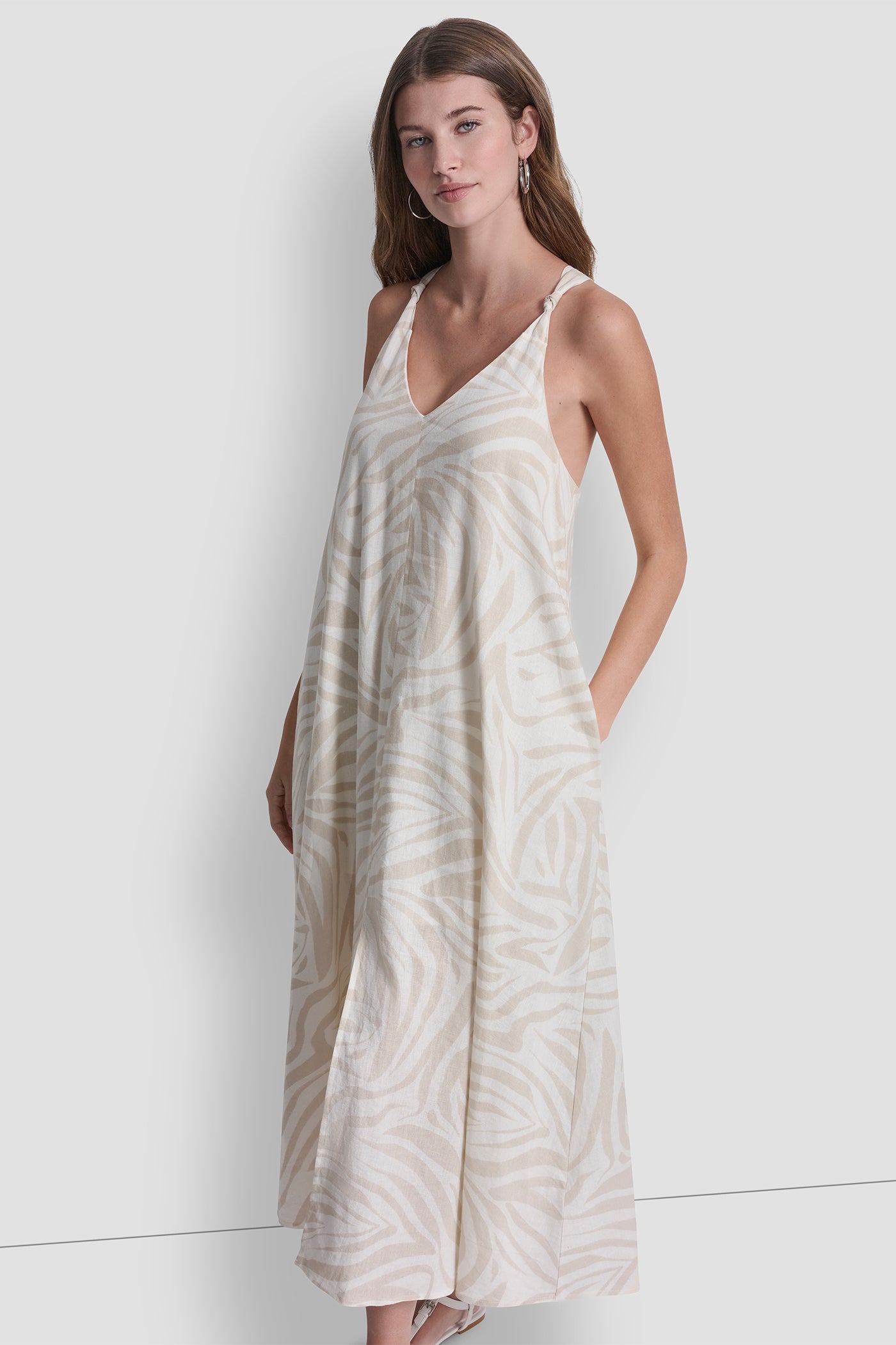 LINEN-BLEND TIE BACK MAXI DRESS - Zebra Eggnog Combo - 7