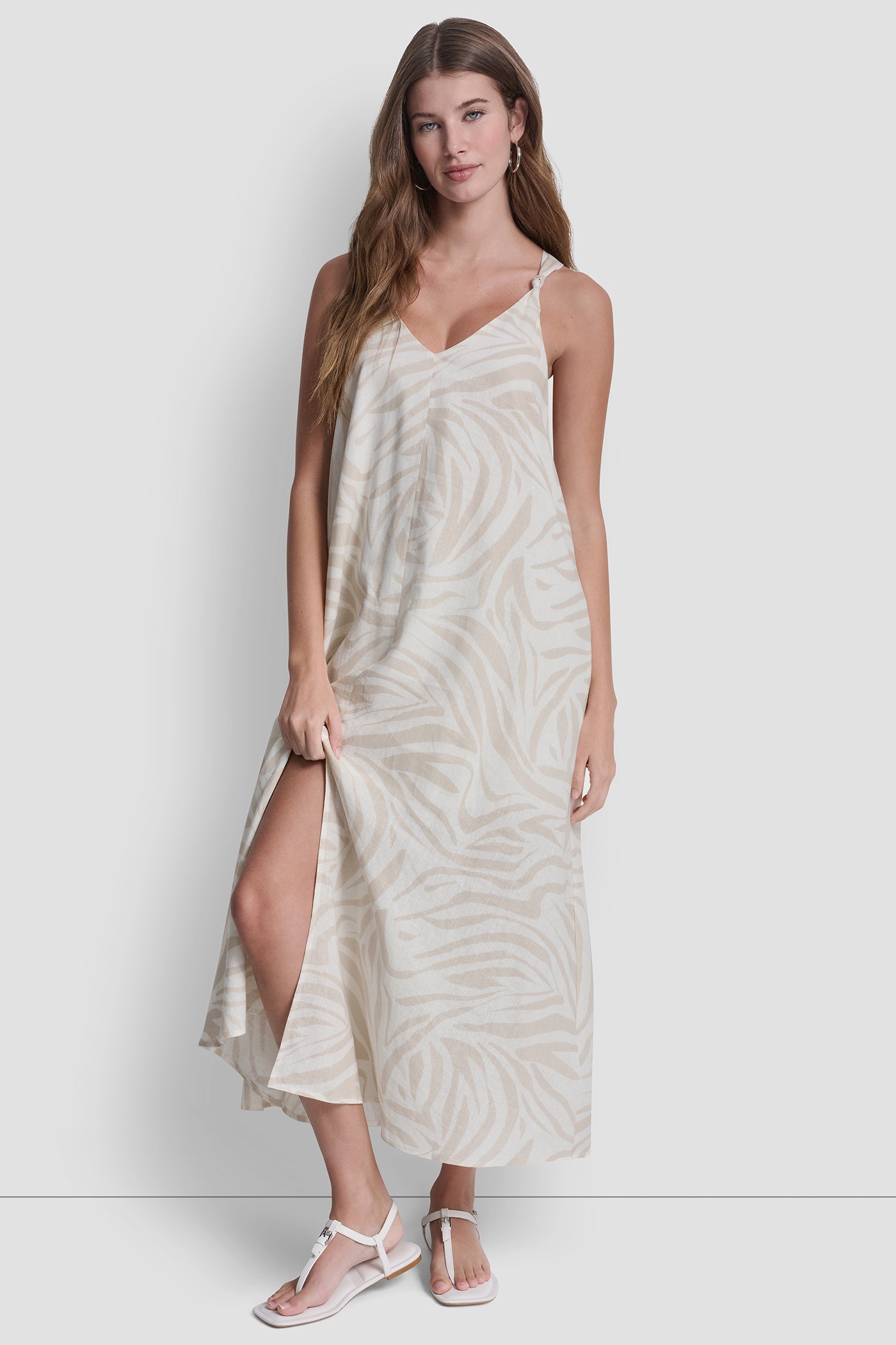LINEN-BLEND TIE BACK MAXI DRESS - Zebra Eggnog Combo - 1