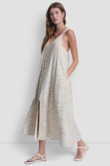 LINEN-BLEND TIE BACK MAXI DRESS - Zebra Eggnog Combo - 3