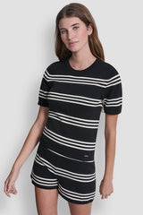 ELBOW SLEEVE STRIPED SWEATER - Black/Eggnog - 3