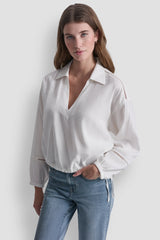 LINEN-BLEND V-NECK SHIRT - Ivory - 1