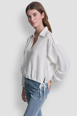 LINEN-BLEND V-NECK SHIRT - Ivory - 4