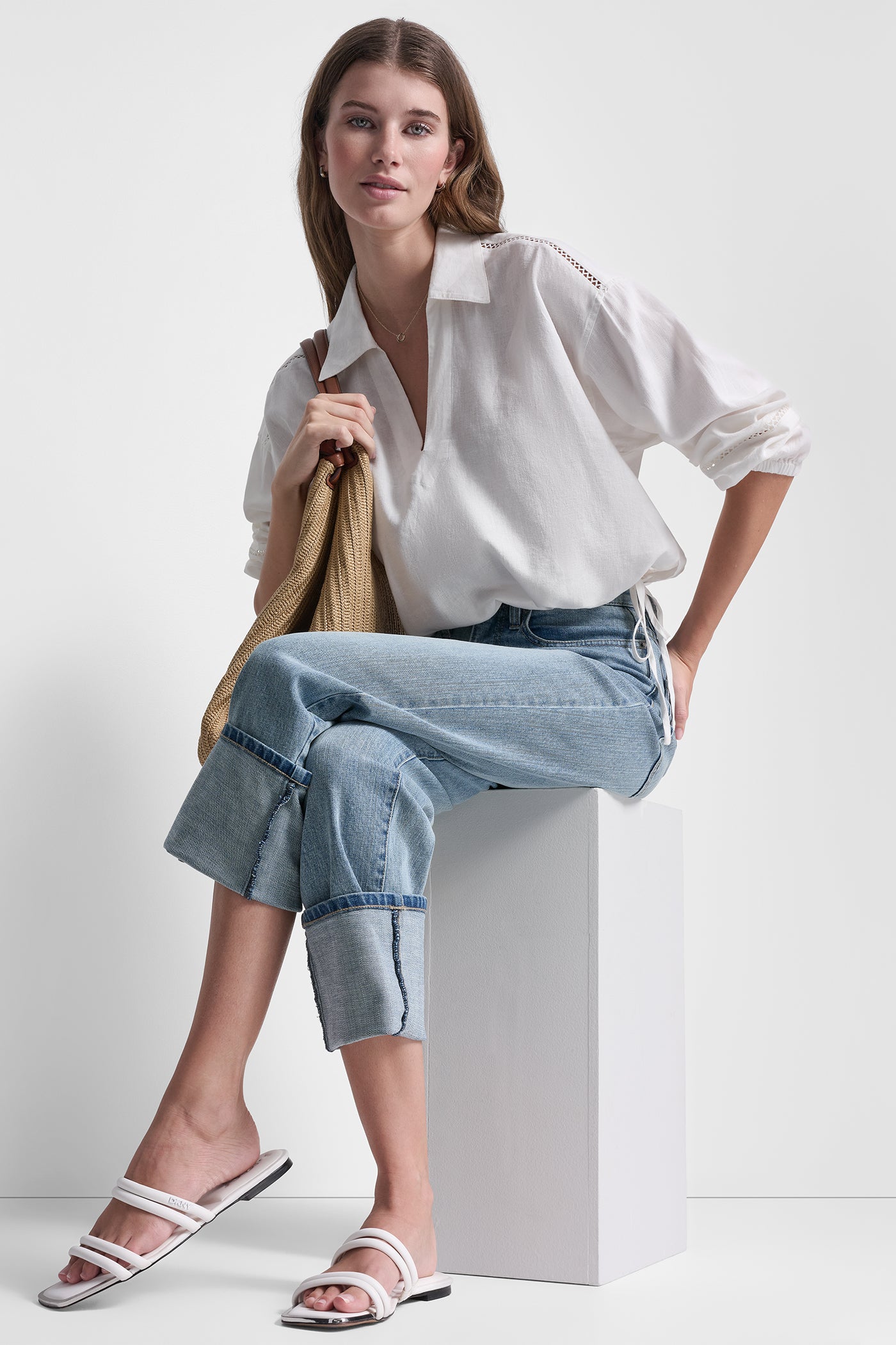 LINEN-BLEND V-NECK SHIRT - Ivory - 9