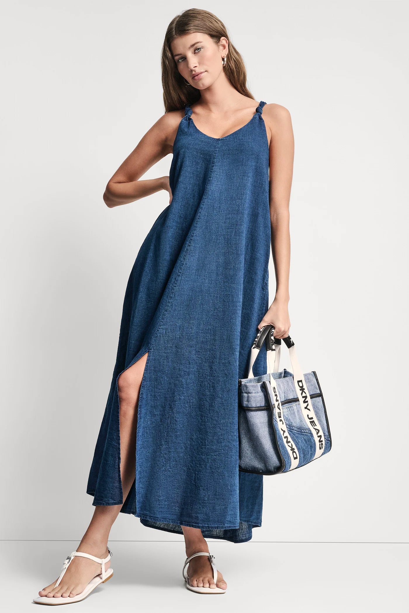 KNOTTED STRAP V-NECK MAXI DRESS - Indigo - 1