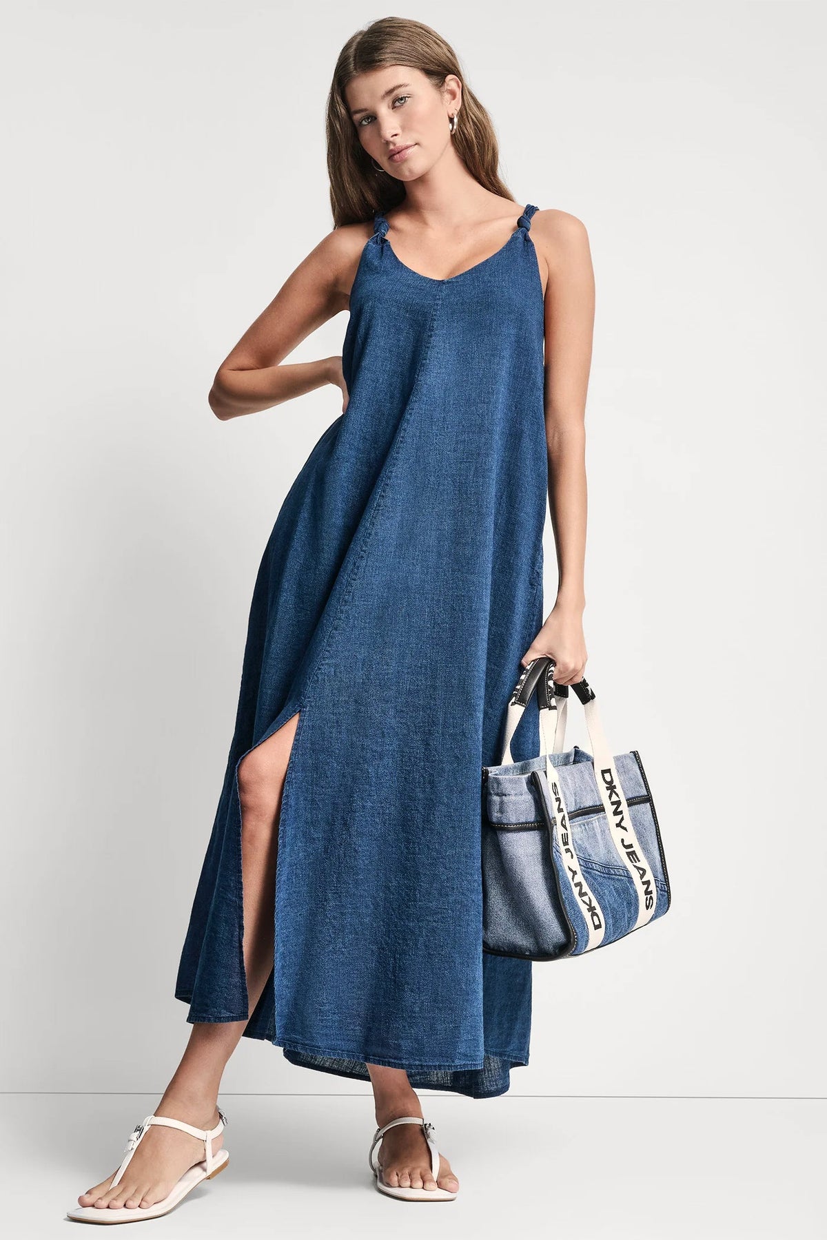 KNOTTED STRAP V-NECK MAXI DRESS - Indigo - 1