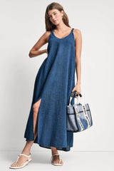 KNOTTED STRAP V-NECK MAXI DRESS - Indigo - 1