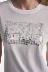 DKNY JEANS STACK LOGO RHINESTONE TEE - White/Silver - 2