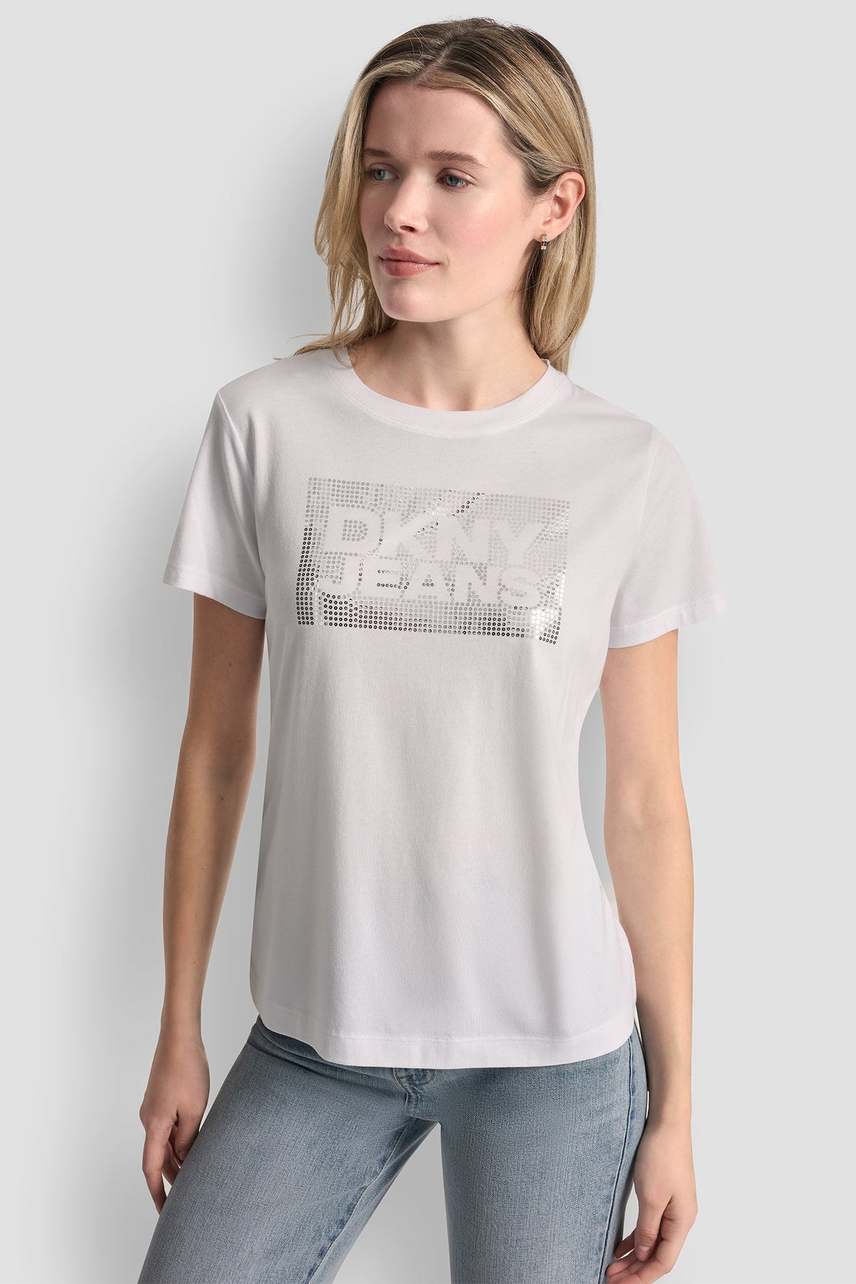 DKNY JEANS STACK LOGO RHINESTONE TEE - White/Silver - 1