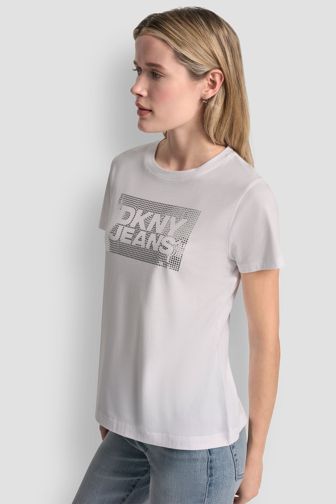 DKNY JEANS STACK LOGO RHINESTONE TEE - White/Silver - 4