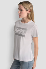 DKNY JEANS STACK LOGO RHINESTONE TEE - White/Silver - 4