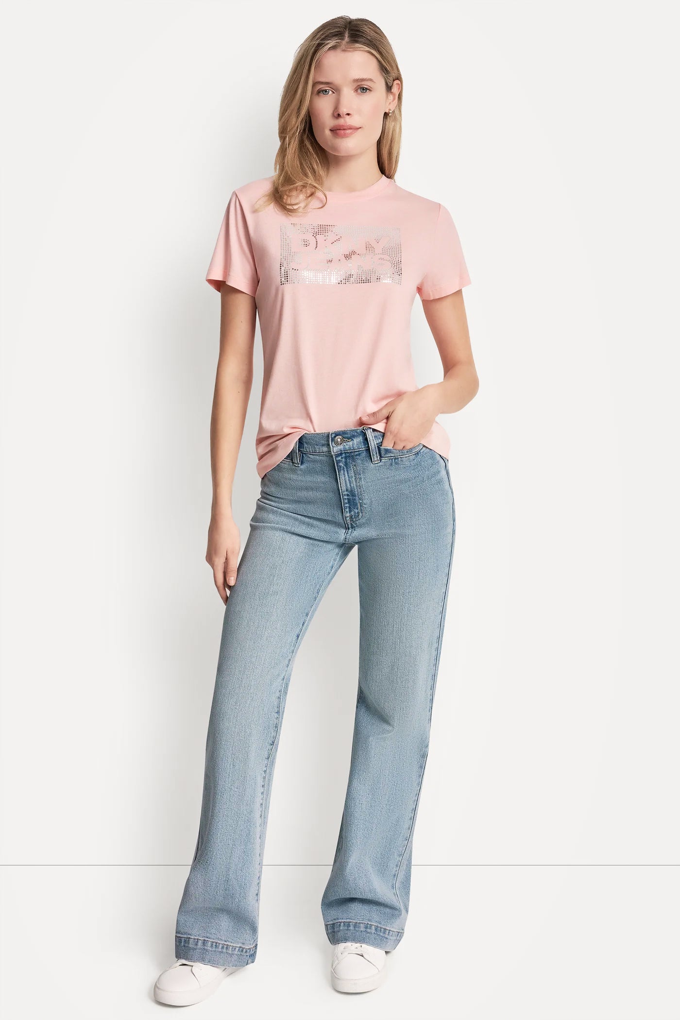 DKNY JEANS STACK LOGO RHINESTONE TEE - Peach Spritz/Silver - 6
